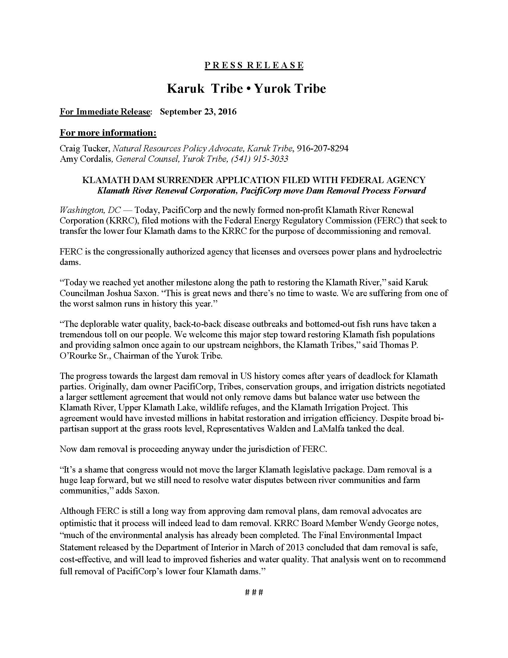 16 09 19 FERC surrender filing press release Page 1